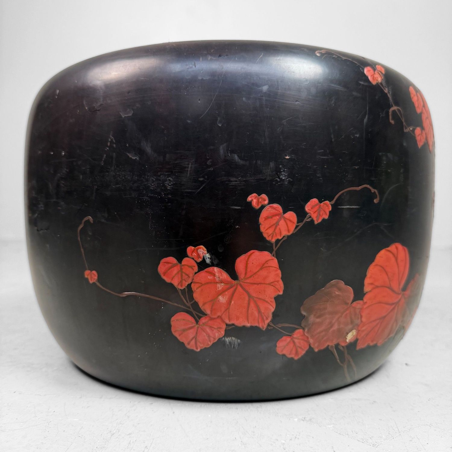 Japanese Wooden Hibachi with Relief Decoration, 1950s
