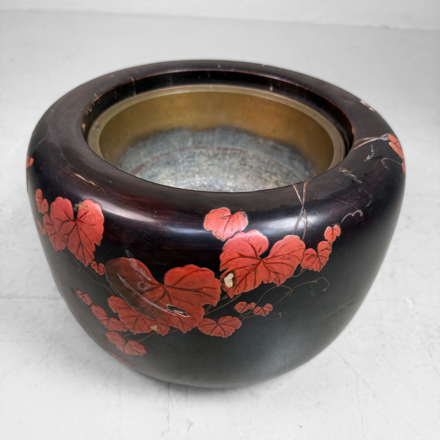 Japanese Wooden Hibachi with Relief Decoration, 1950s