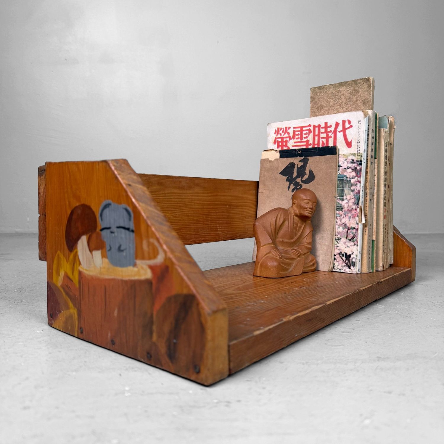 Vintage Wooden Book Rack with Children’s Paintings, Japan, 1990s. Vintage Wooden Book Rack with Children’s Paintings, Japan, 1990s.