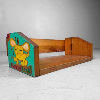 Vintage Wooden Book Rack with Children’s Paintings, Japan, 1990s
