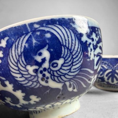 Set of 9 Blue and White Phoenix Wan Bowls, 1950s