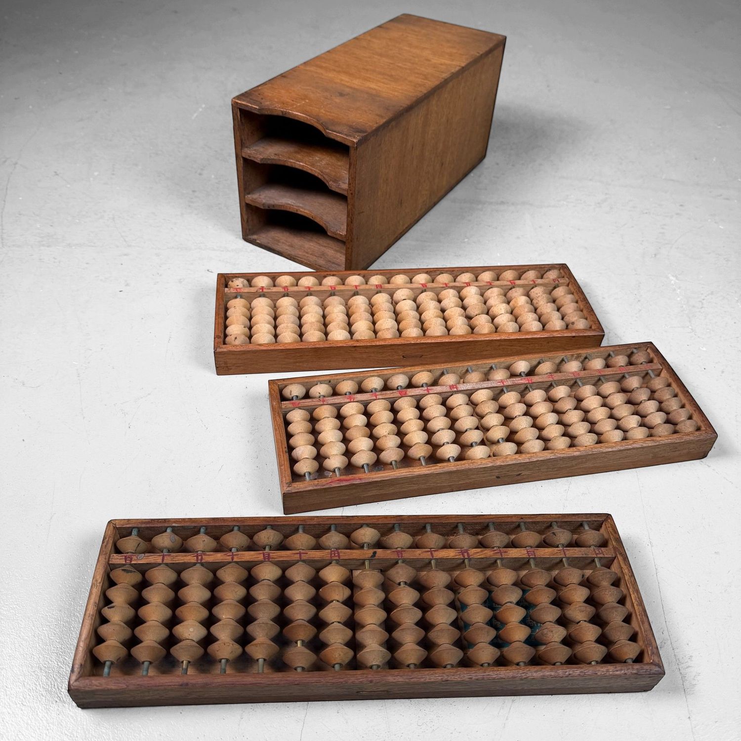 Vintage Japanese Abacus Set with Wooden Storage Box, 1950s