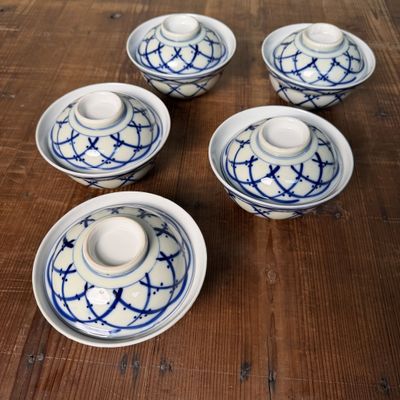 ​Set Japanse Porseleinen Kommen met Deksel, Futamono, 1970s