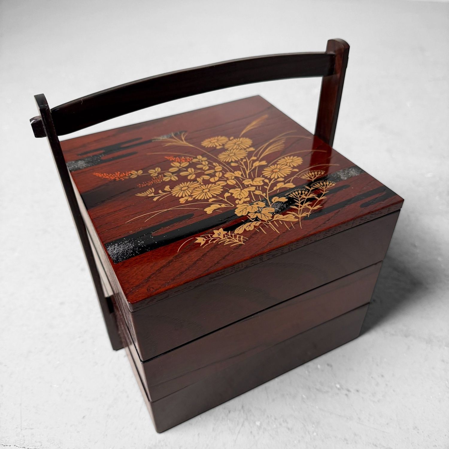 Small Japanese Jubako, Keyaki Wood with Gold Decoration, 1970s