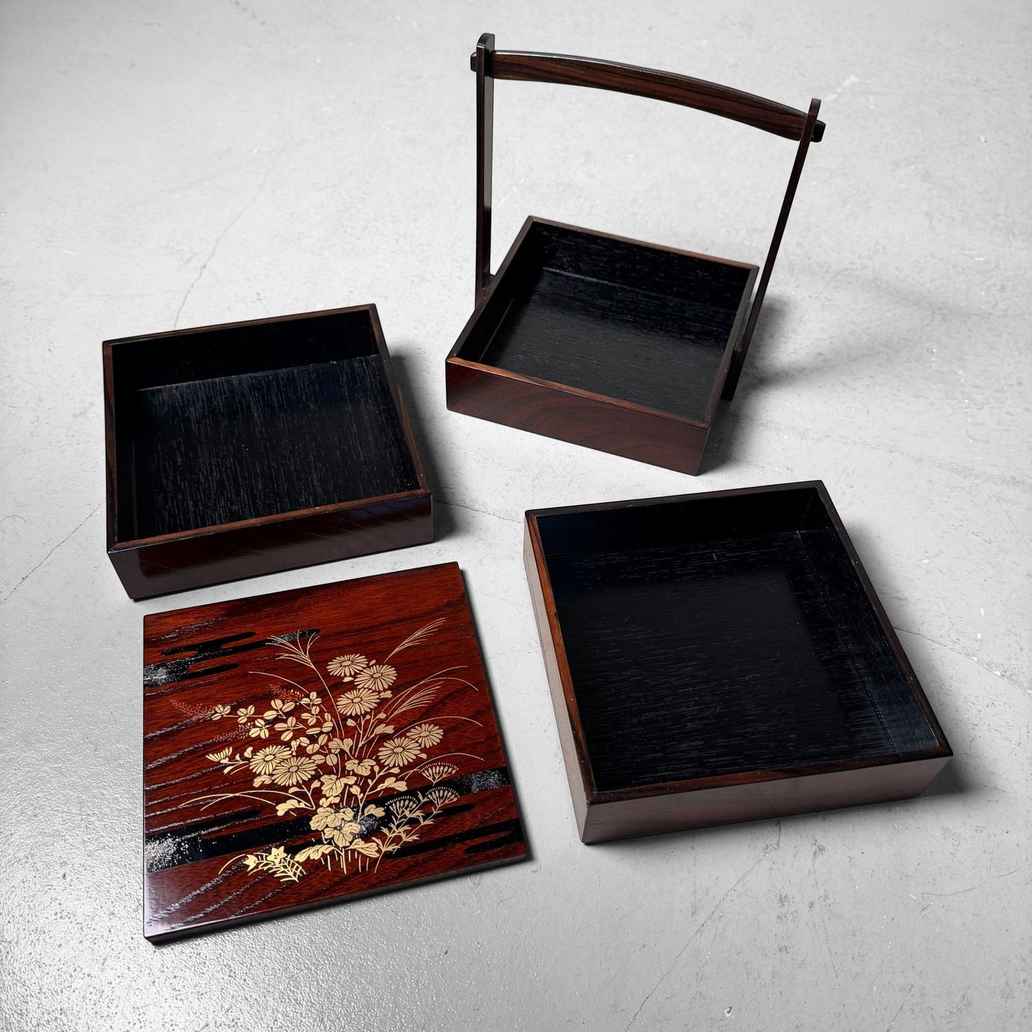 Small Japanese Jubako, Keyaki Wood with Gold Decoration, 1970s