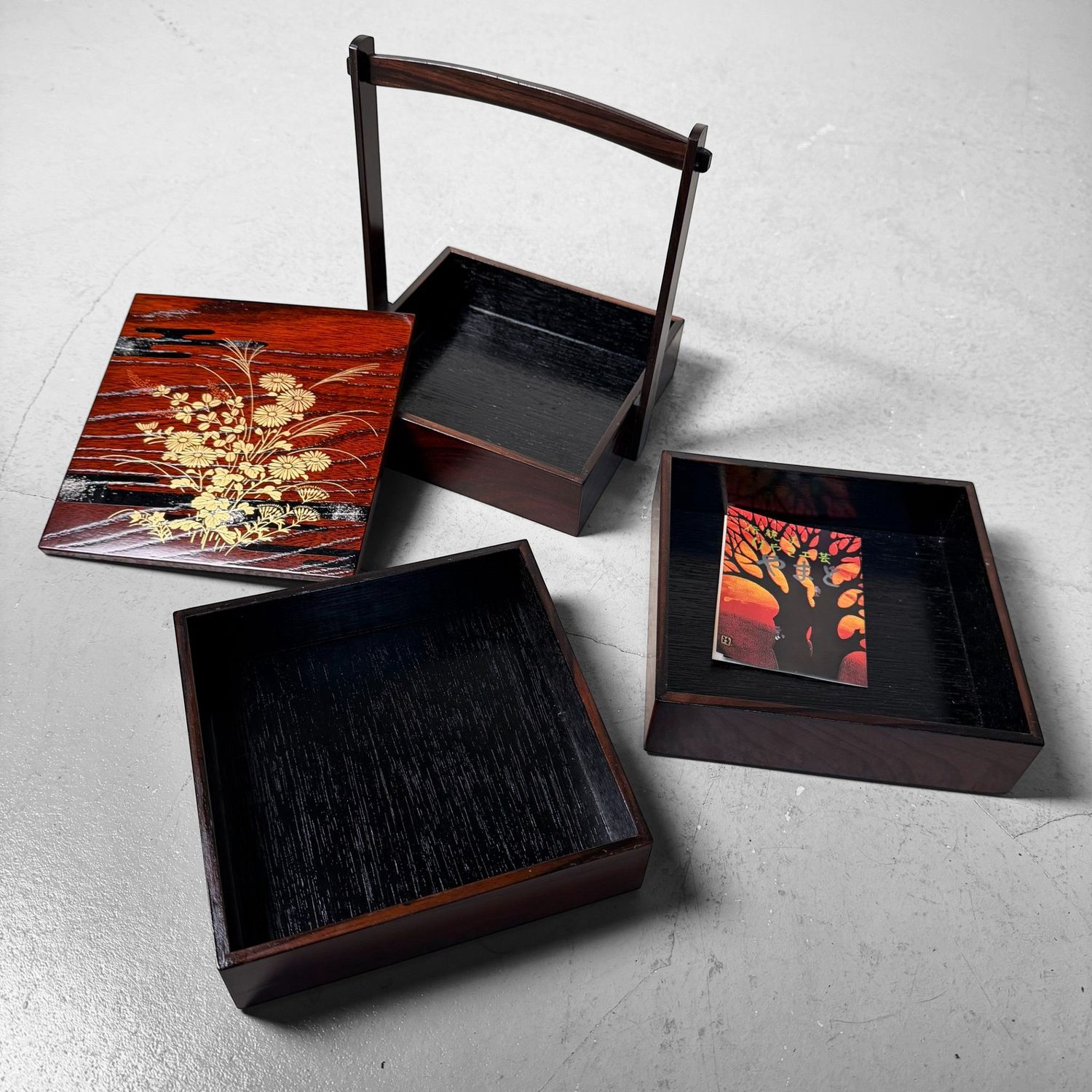 Small Japanese Jubako, Keyaki Wood with Gold Decoration, 1970s