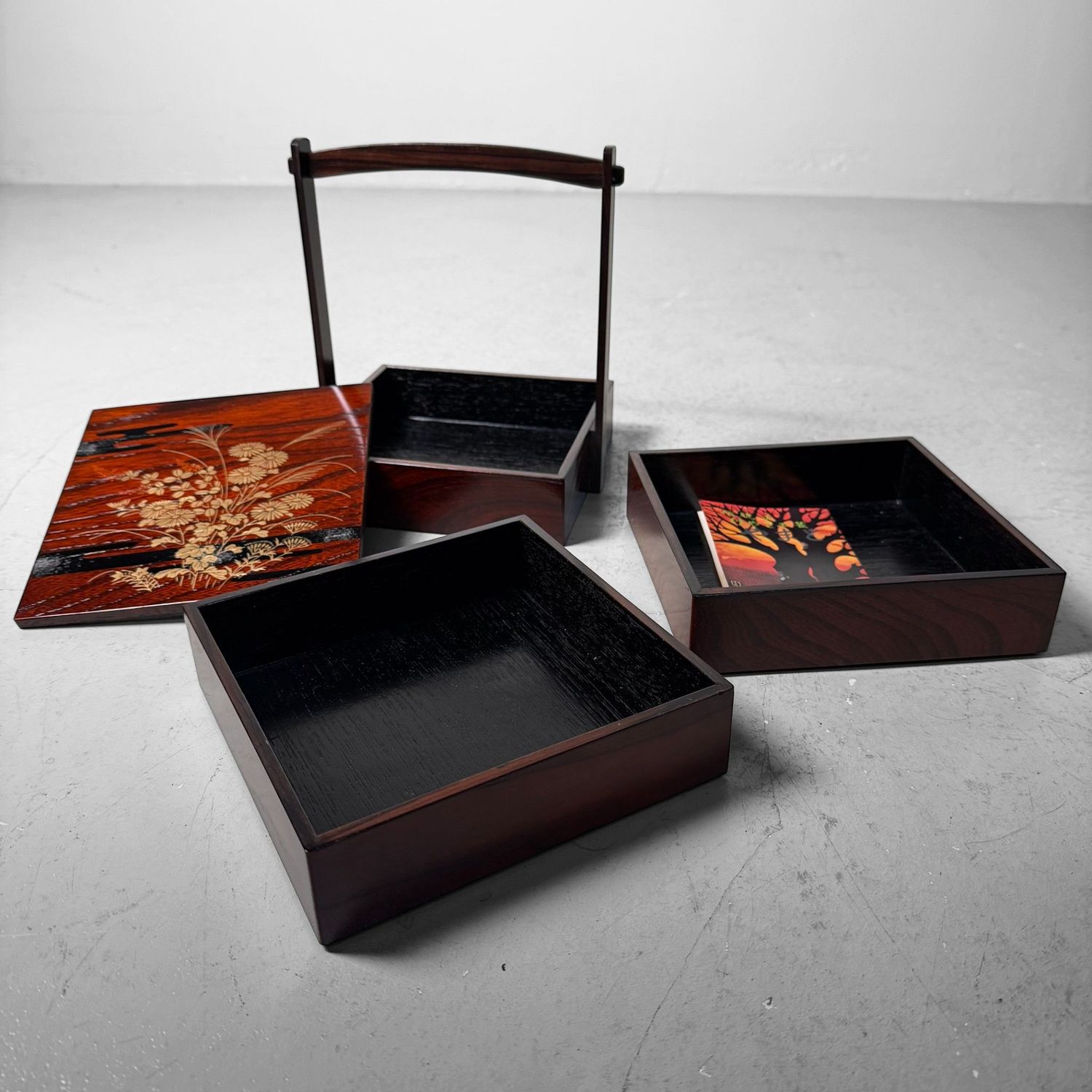 Small Japanese Jubako, Keyaki Wood with Gold Decoration, 1970s