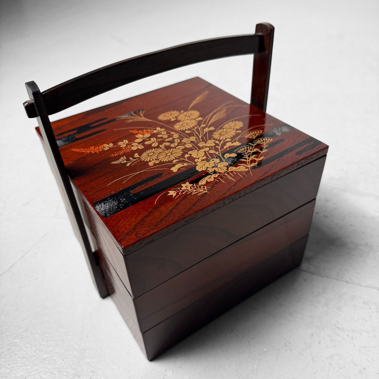 Small Japanese Jubako, Keyaki Wood with Gold Decoration, 1970s