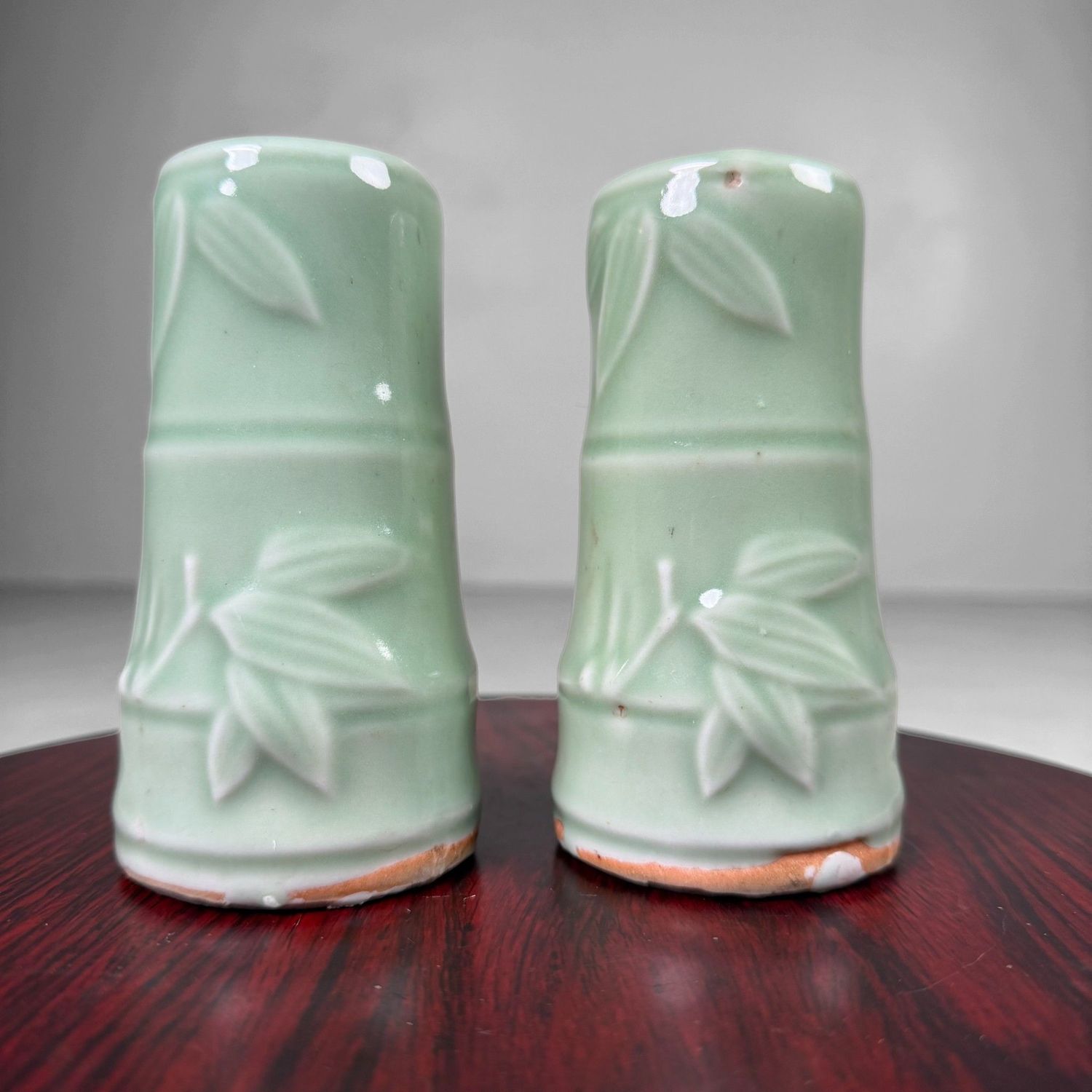 Set of Small Japanese Celadon Ikebana Vases with Bamboo Relief, 1940s