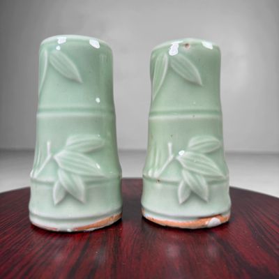 Set of Small Japanese Celadon Ikebana Vases with Bamboo Relief, 1940s Set of Small Japanese Celadon Ikebana Vases with Bamboo Relief, 1940s