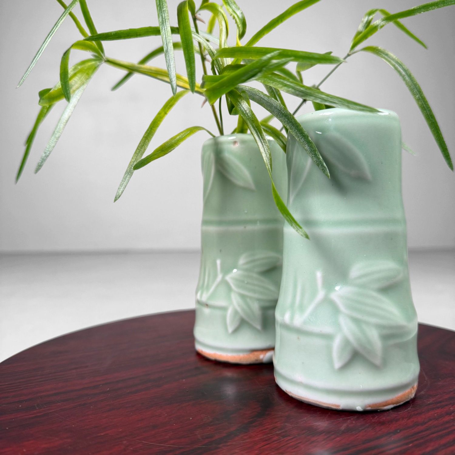 Set of Small Japanese Celadon Ikebana Vases with Bamboo Relief, 1940s