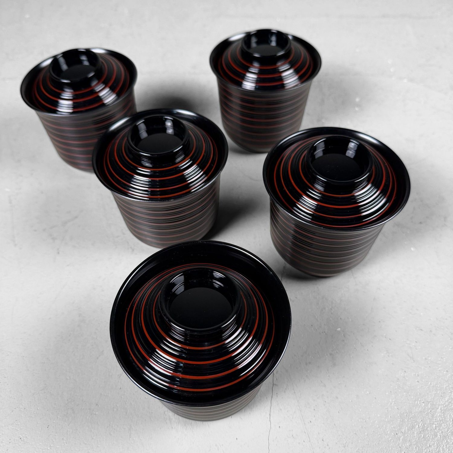 Japanese Ko-suimono-wan, Set Lacquer Soup Bowls with Lids, Yamanaka, 1970s