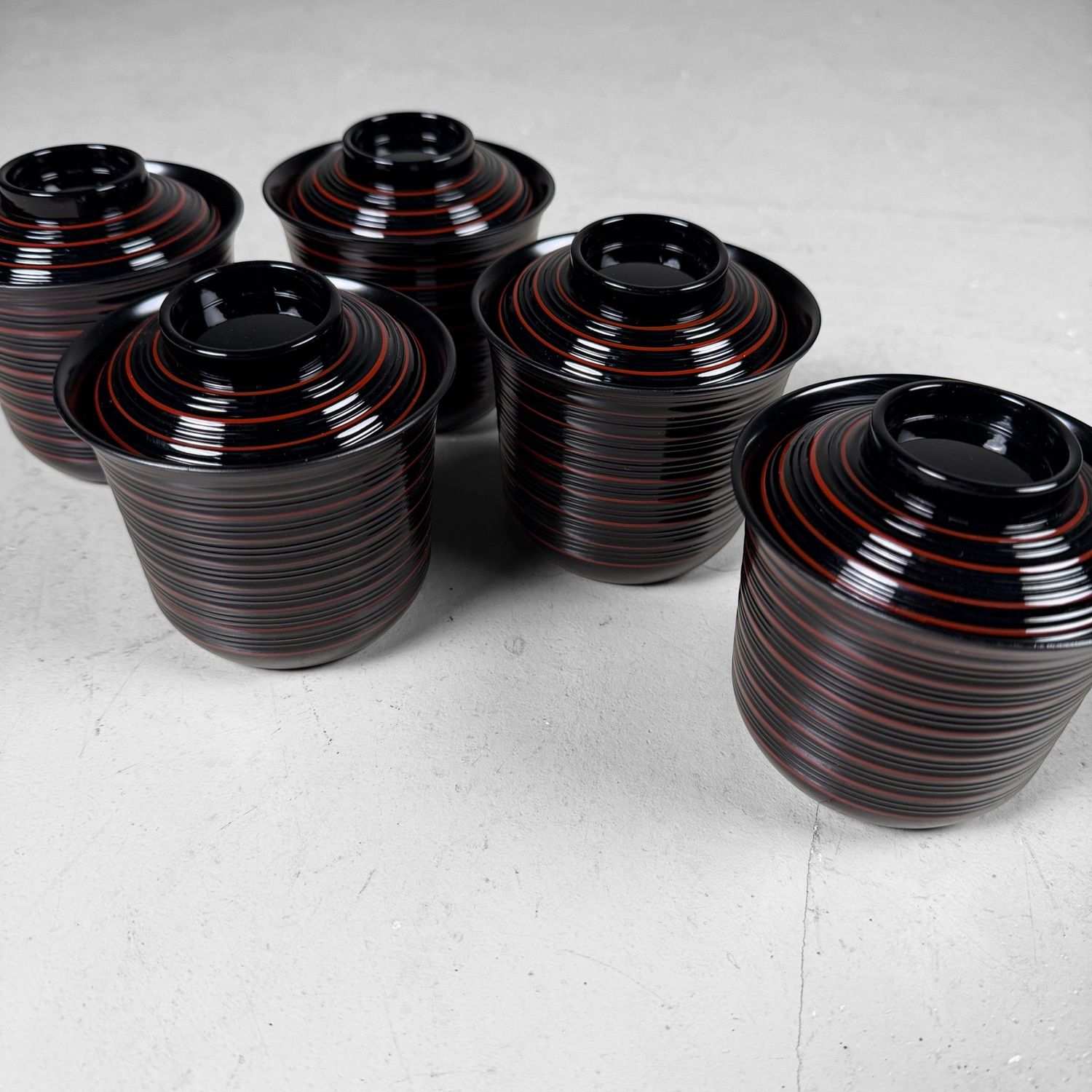 Japanese Ko-suimono-wan, Set Lacquer Soup Bowls with Lids, Yamanaka, 1970s