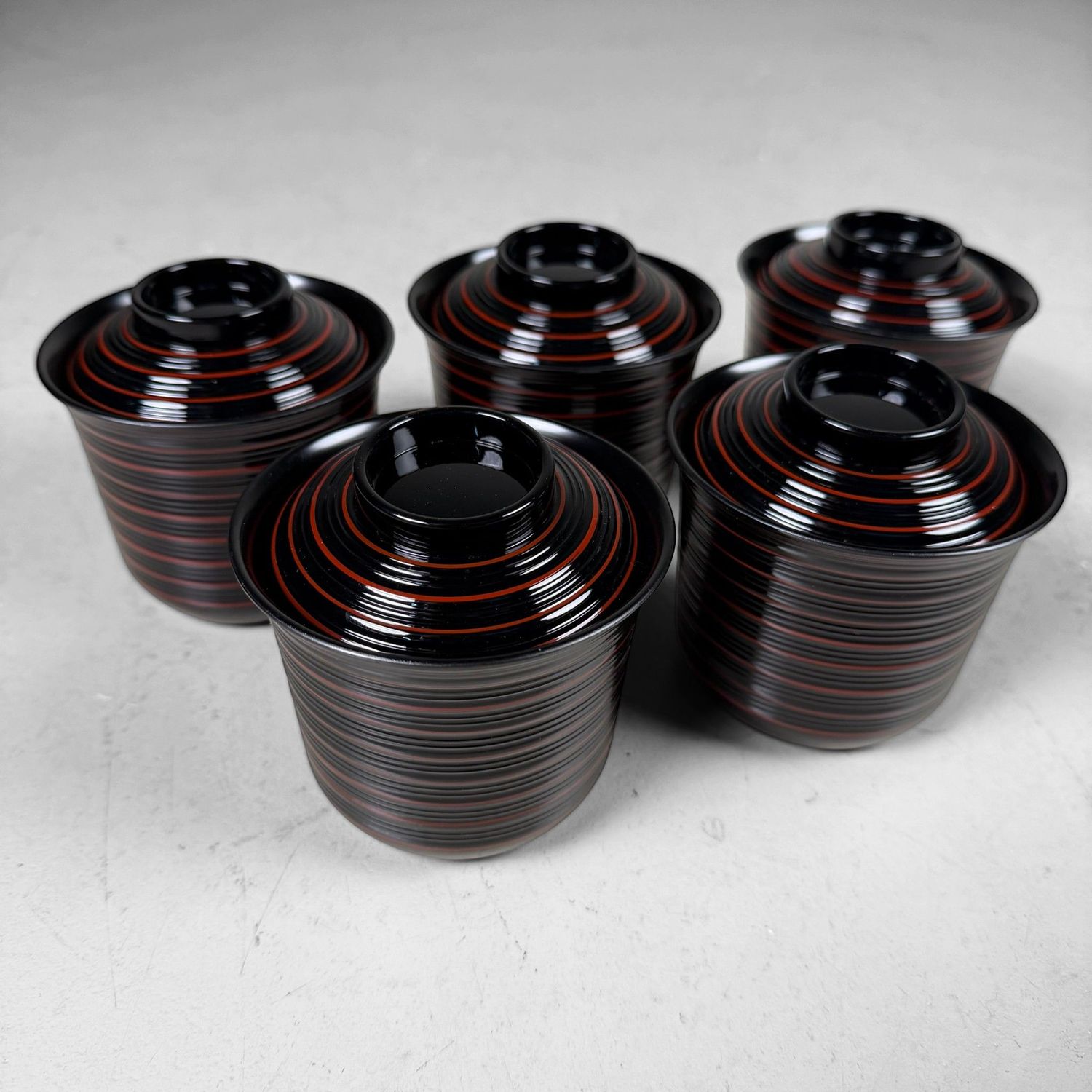 Japanese Ko-suimono-wan, Set Lacquer Soup Bowls with Lids, Yamanaka, 1970s