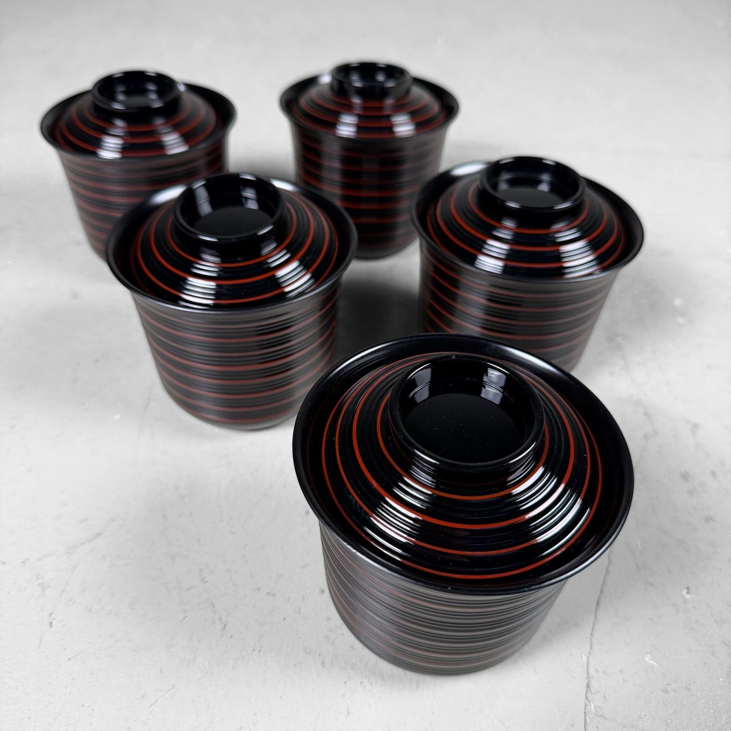 Japanese Ko-suimono-wan, Set Lacquer Soup Bowls with Lids, Yamanaka, 1970s