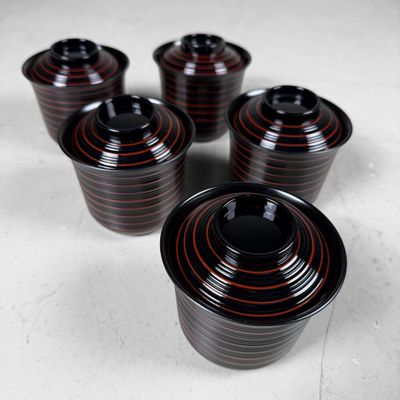 Japanese Ko-suimono-wan, Set Lacquer Soup Bowls with Lids, Yamanaka, 1970s
