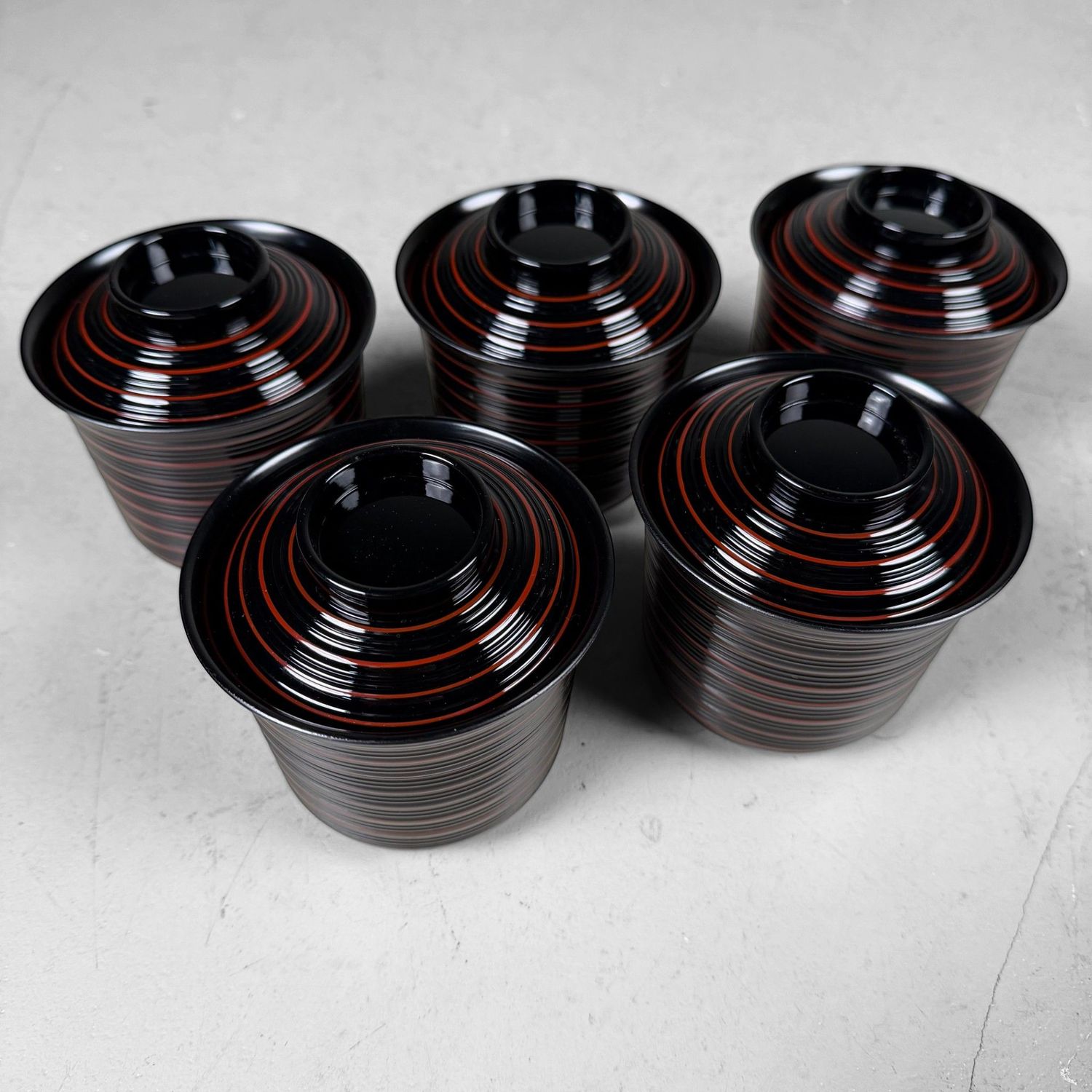 Japanese Ko-suimono-wan, Set Lacquer Soup Bowls with Lids, Yamanaka, 1970s
