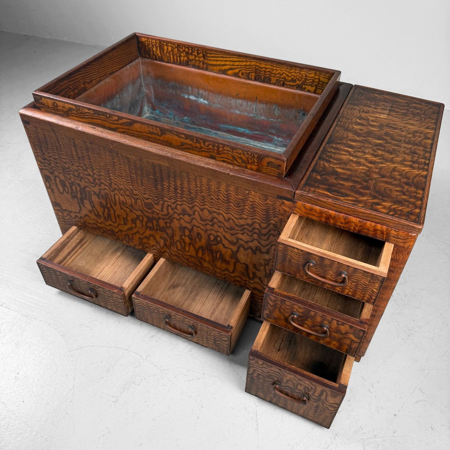Japanese Wooden Hibachi Tea Cabinet with Drawers, 1920s