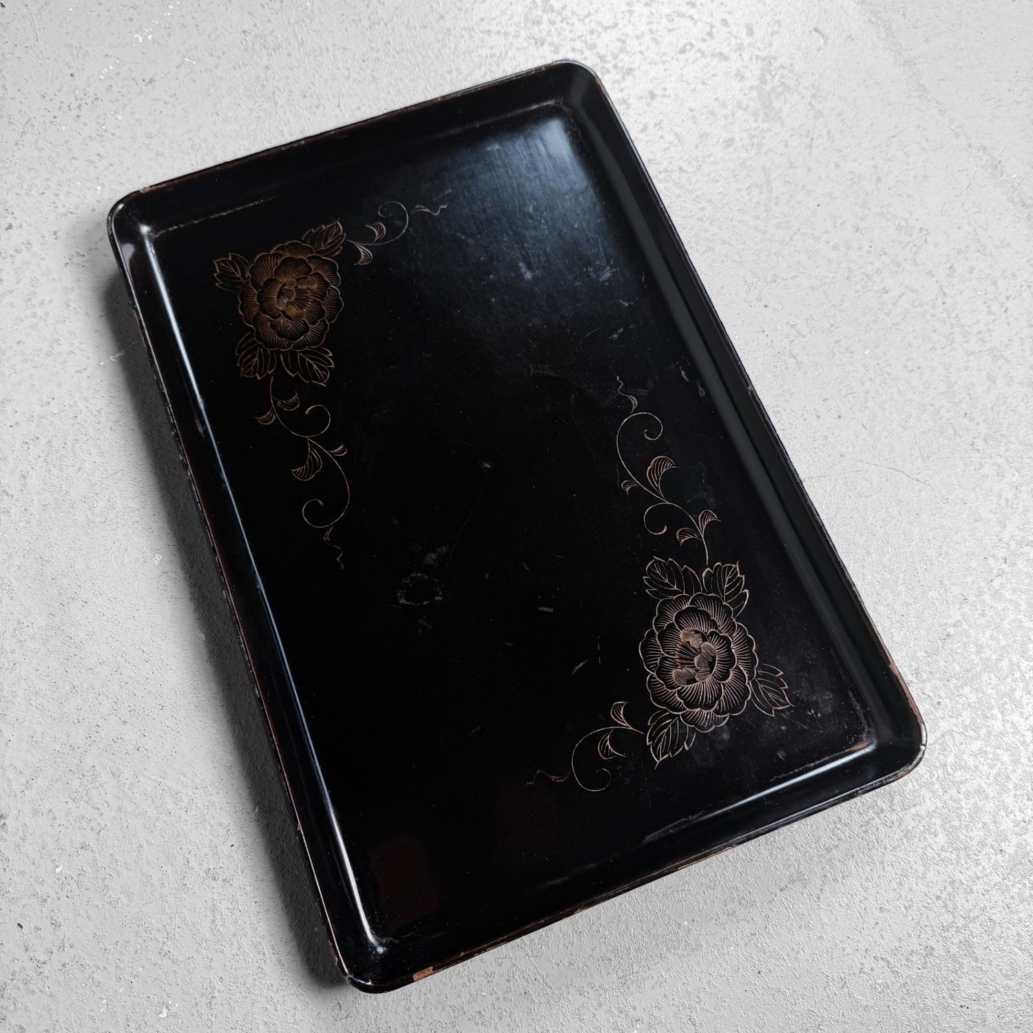 Lacquered Japanese Obon Tray with Peony, 1920s