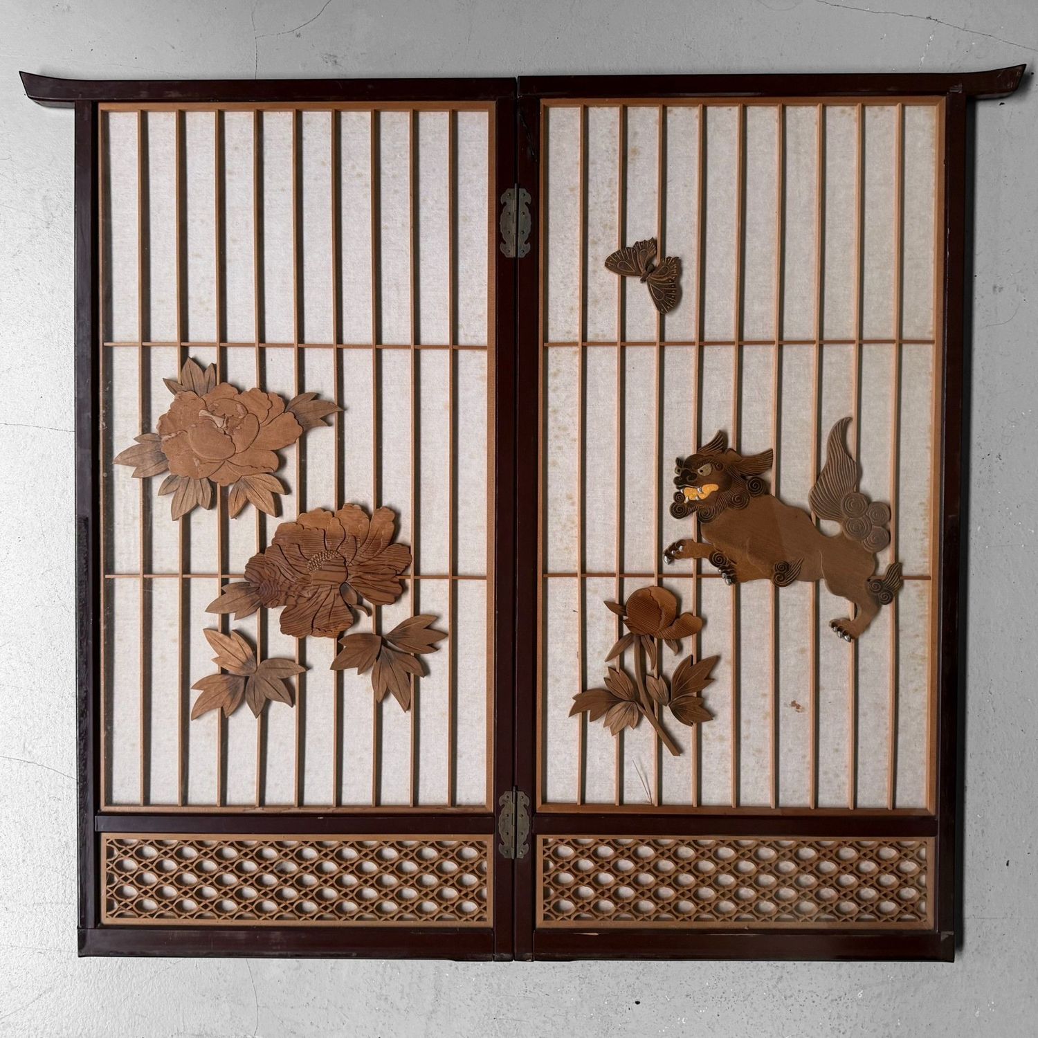 Japanese Wooden Two-Panel Screen with Shishi and Peonies, 1940s