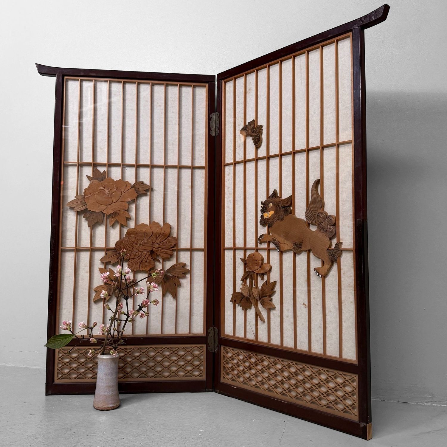 Japanese Wooden Two-Panel Screen with Shishi and Peonies, 1940s