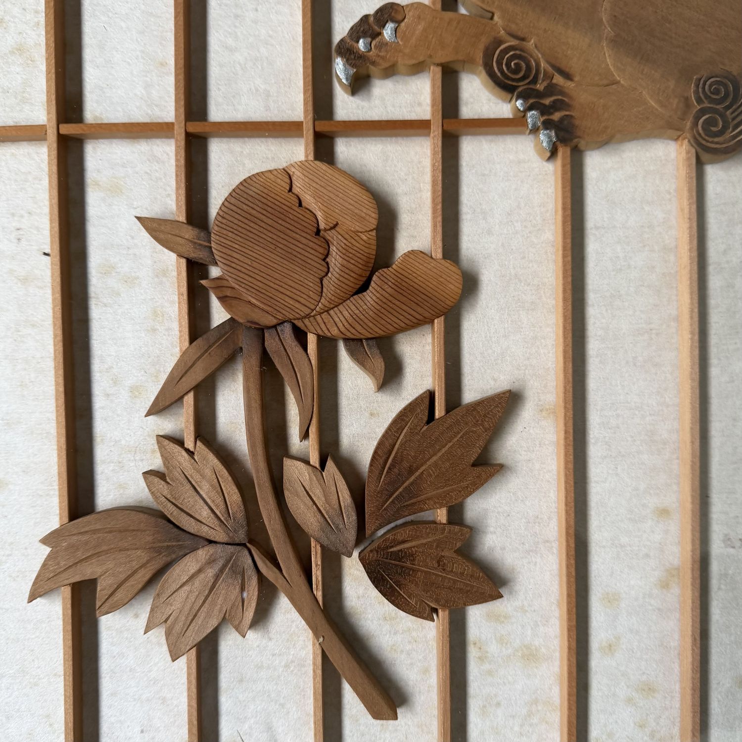 Japanese Wooden Two-Panel Screen with Shishi and Peonies, 1940s