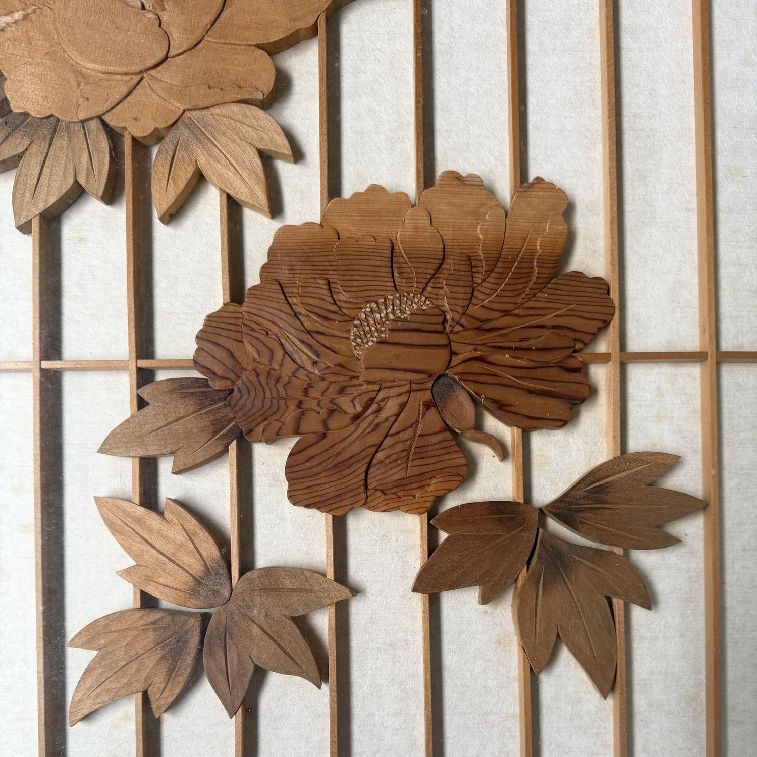 Japanese Wooden Two-Panel Screen with Shishi and Peonies, 1940s