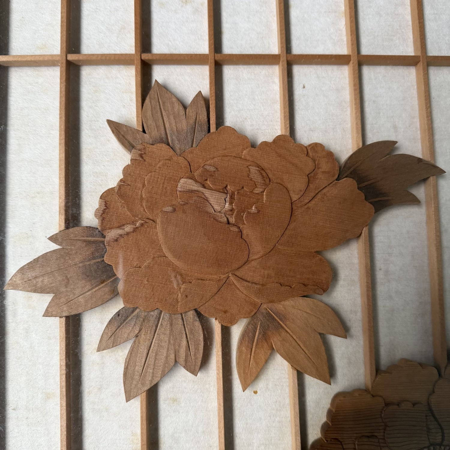 Japanese Wooden Two-Panel Screen with Shishi and Peonies, 1940s