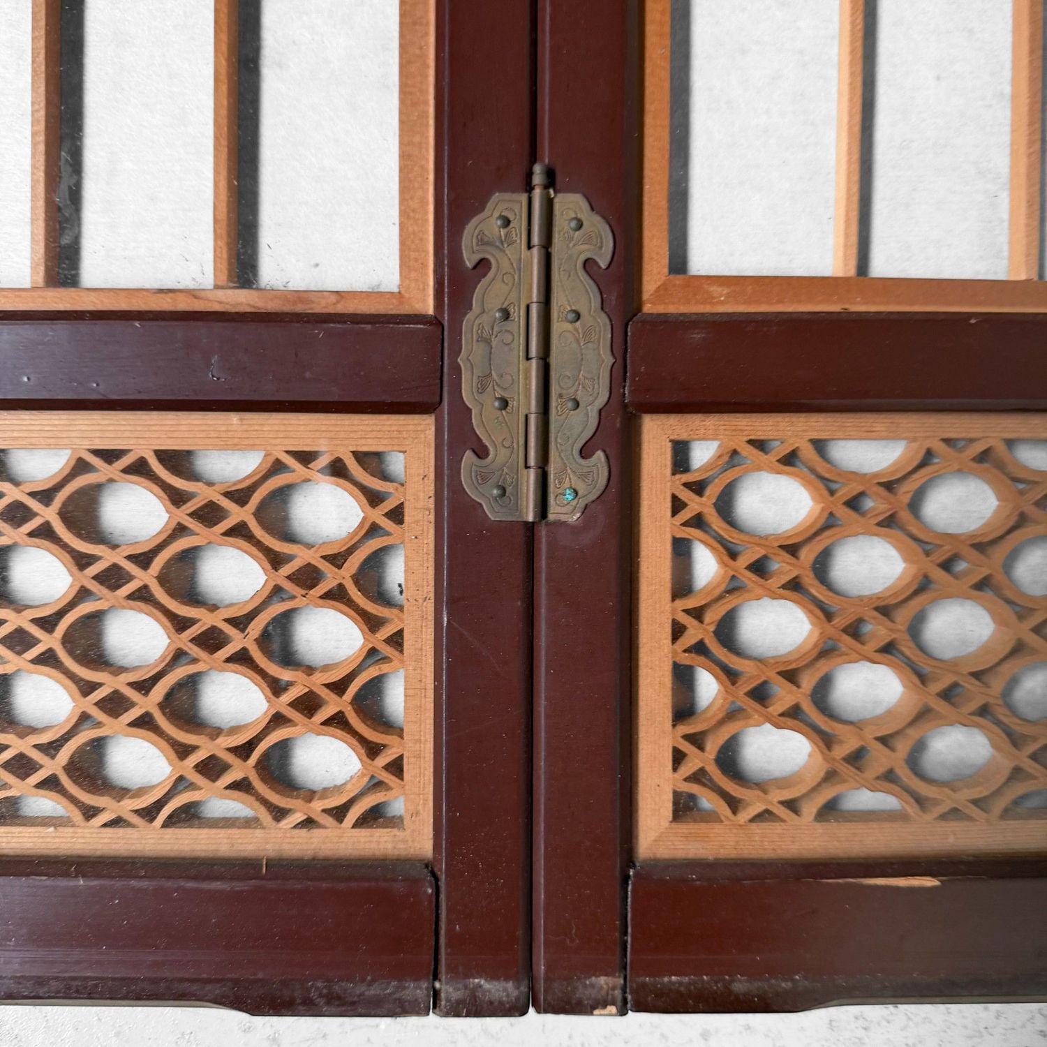 Japanese Wooden Two-Panel Screen with Shishi and Peonies, 1940s