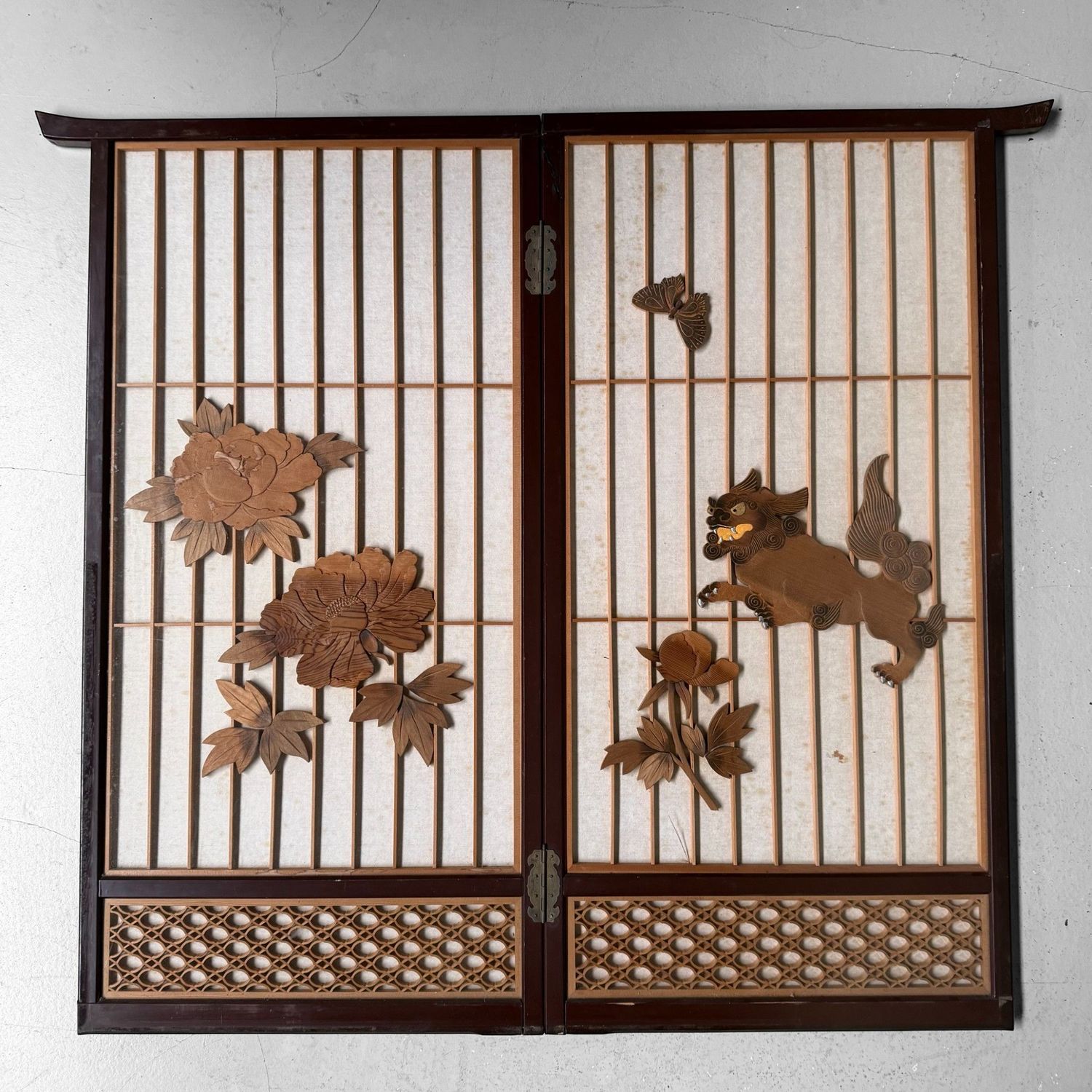 Japanese Wooden Two-Panel Screen with Shishi and Peonies, 1940s