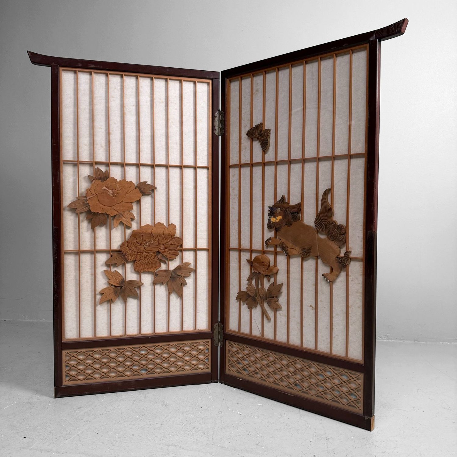 Japanese Wooden Two-Panel Screen with Shishi and Peonies, 1940s