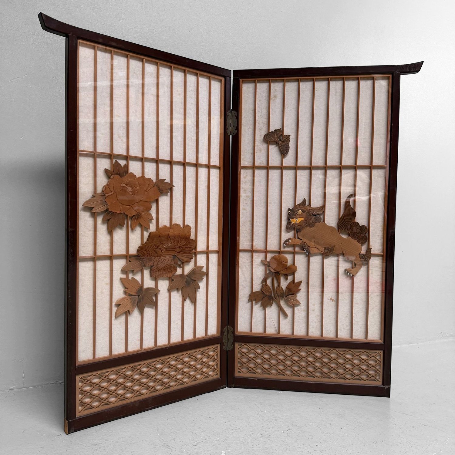 Japanese Wooden Two-Panel Screen with Shishi and Peonies, 1940s