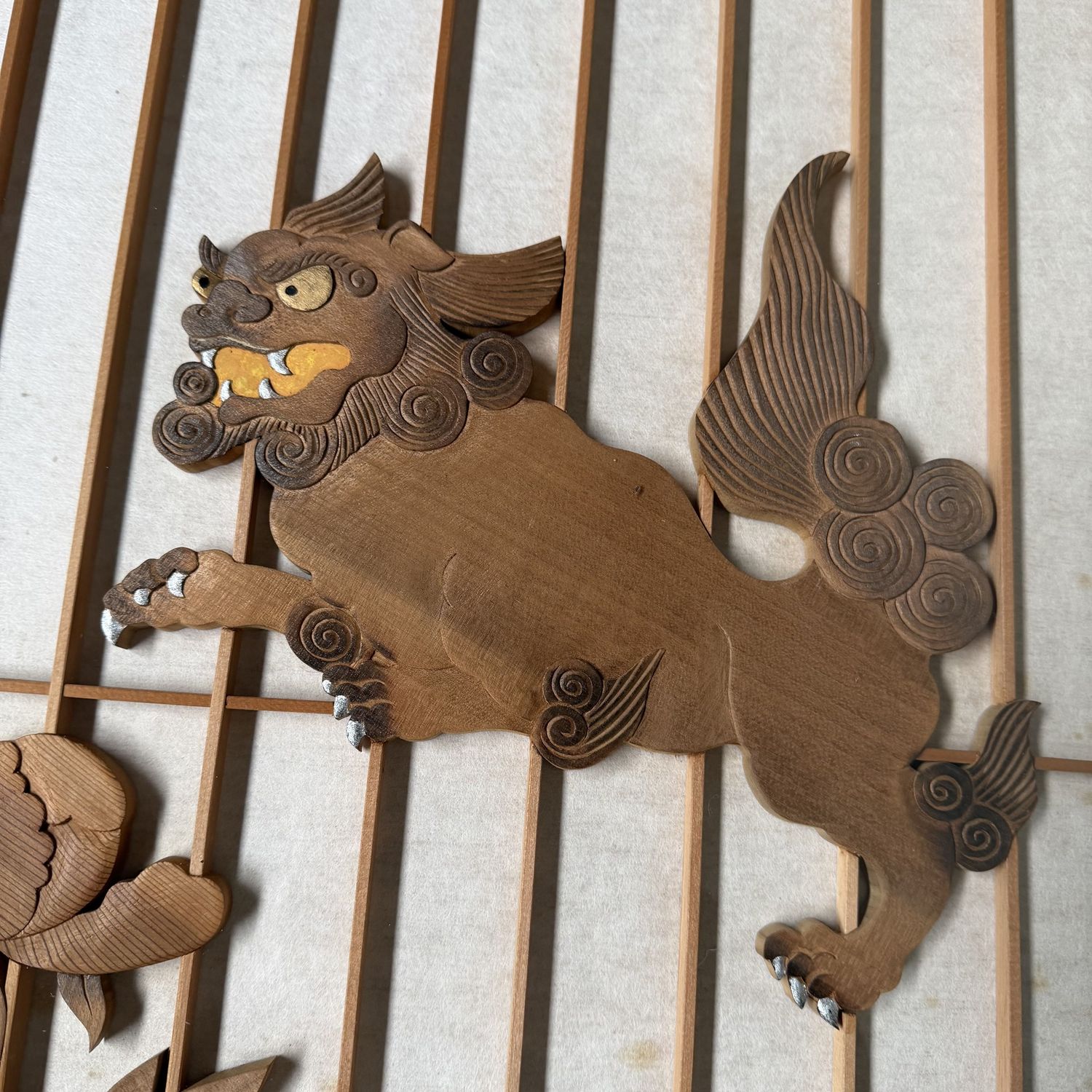 Japanese Wooden Two-Panel Screen with Shishi and Peonies, 1940s
