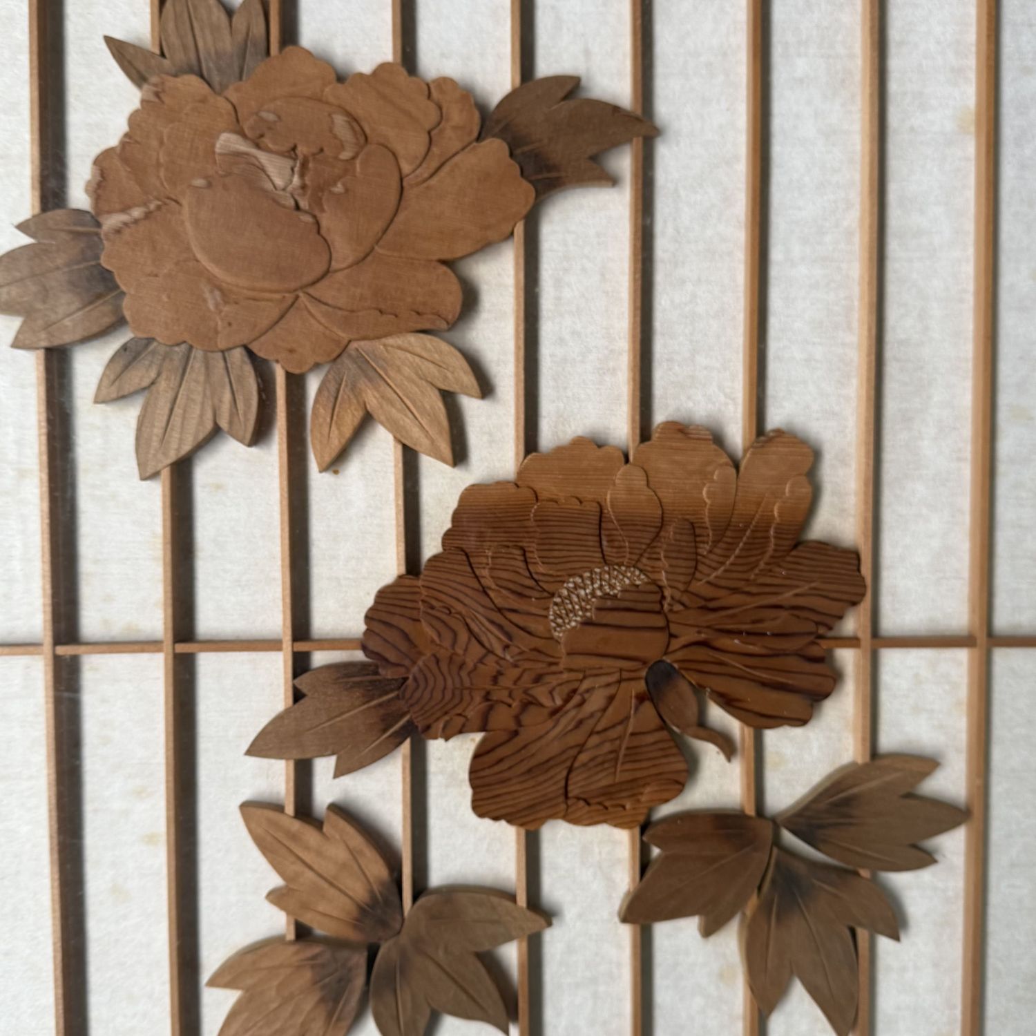 Japanese Wooden Two-Panel Screen with Shishi and Peonies, 1940s