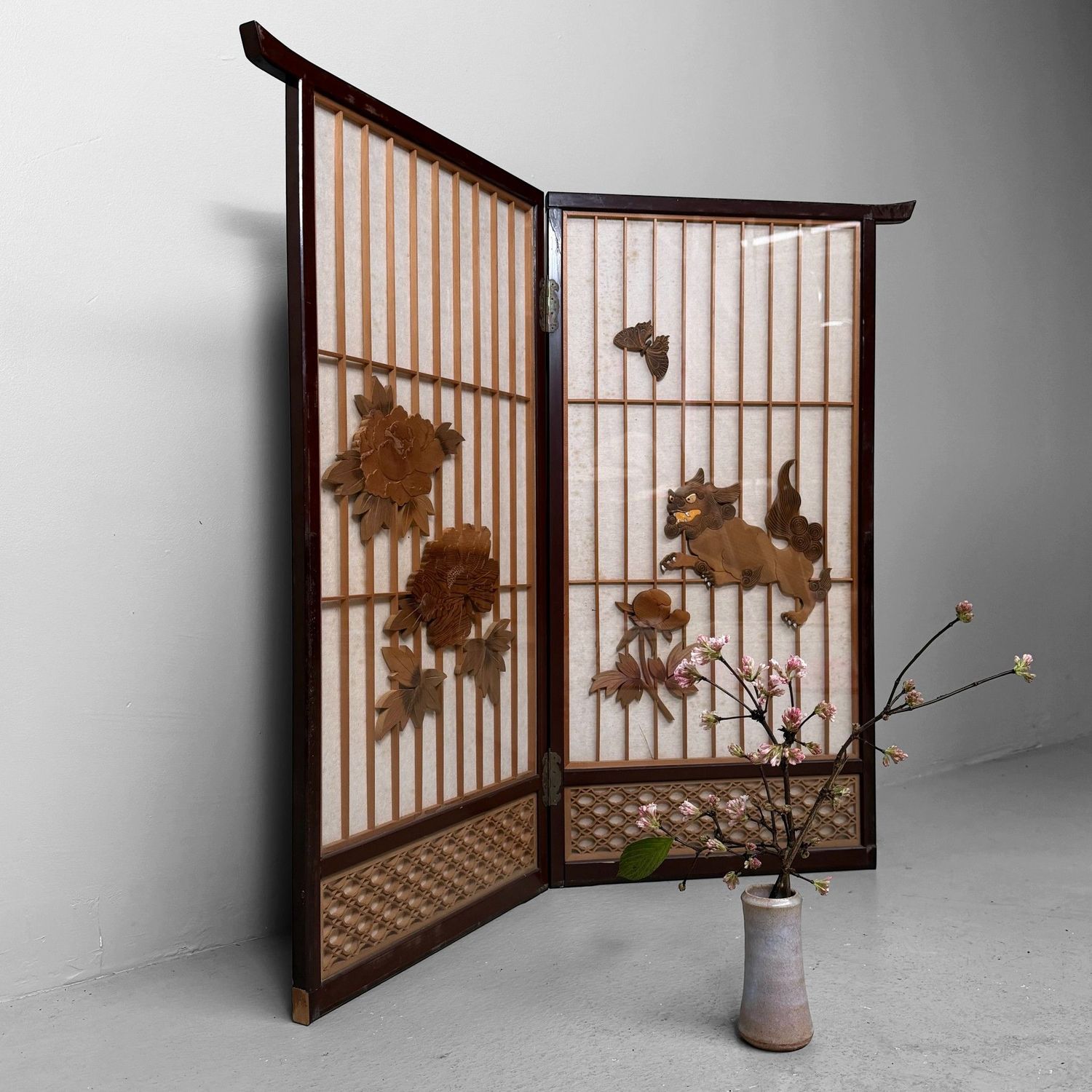 Japanese Wooden Two-Panel Screen with Shishi and Peonies, 1940s