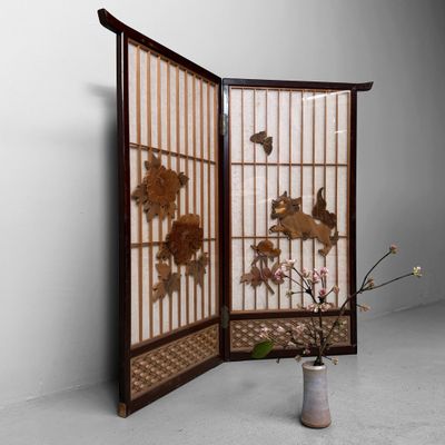 Japanese Wooden Two-Panel Screen with Shishi and Peonies, 1940s