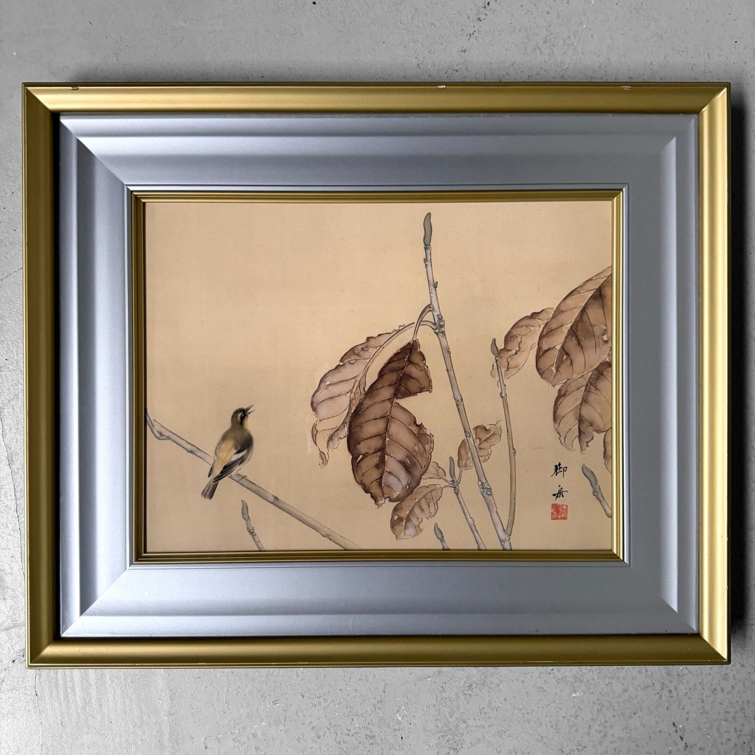 Japanese Silk Painting “Songbird”, Mimoto, 1970s