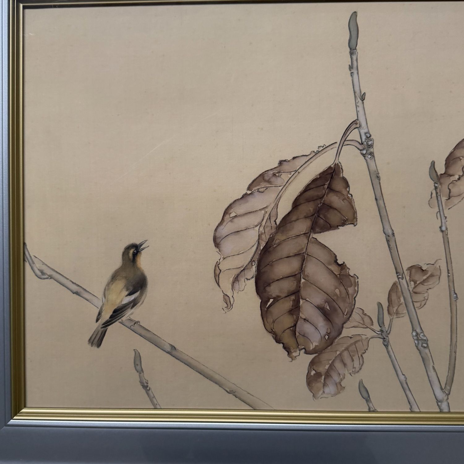 Japans Schilderij op Zijde “Zangvogel”, Mimoto, 1970s