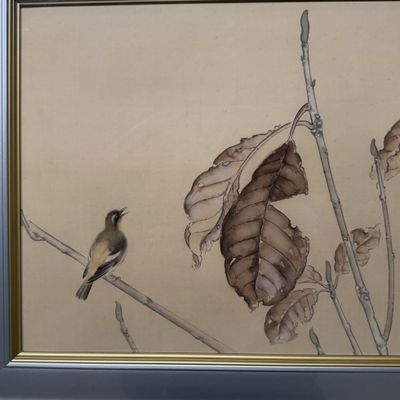 Japanese Silk Painting “Songbird”, Mimoto, 1970s