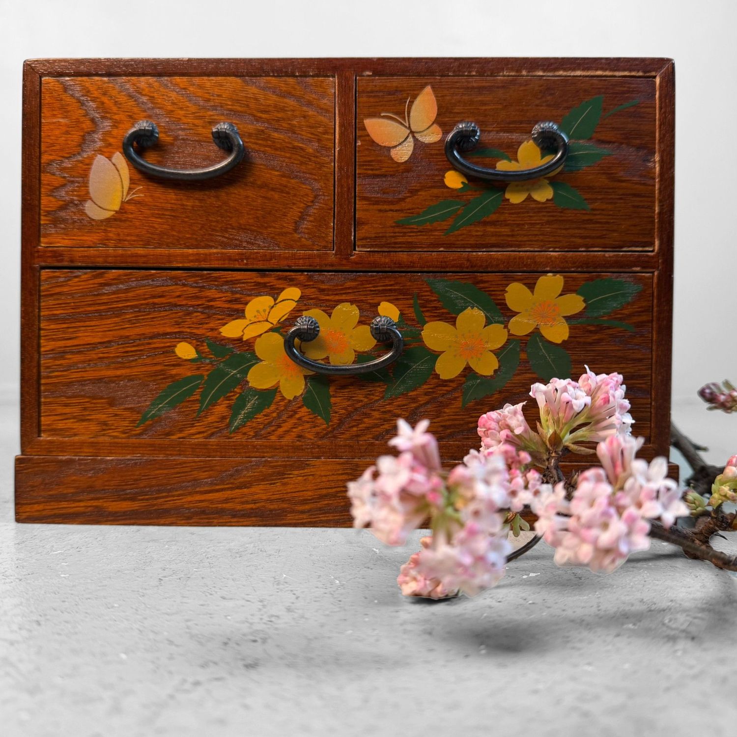 Small Japanese Wooden Drawer Chest with Flowers and Butterflies, 1980s
