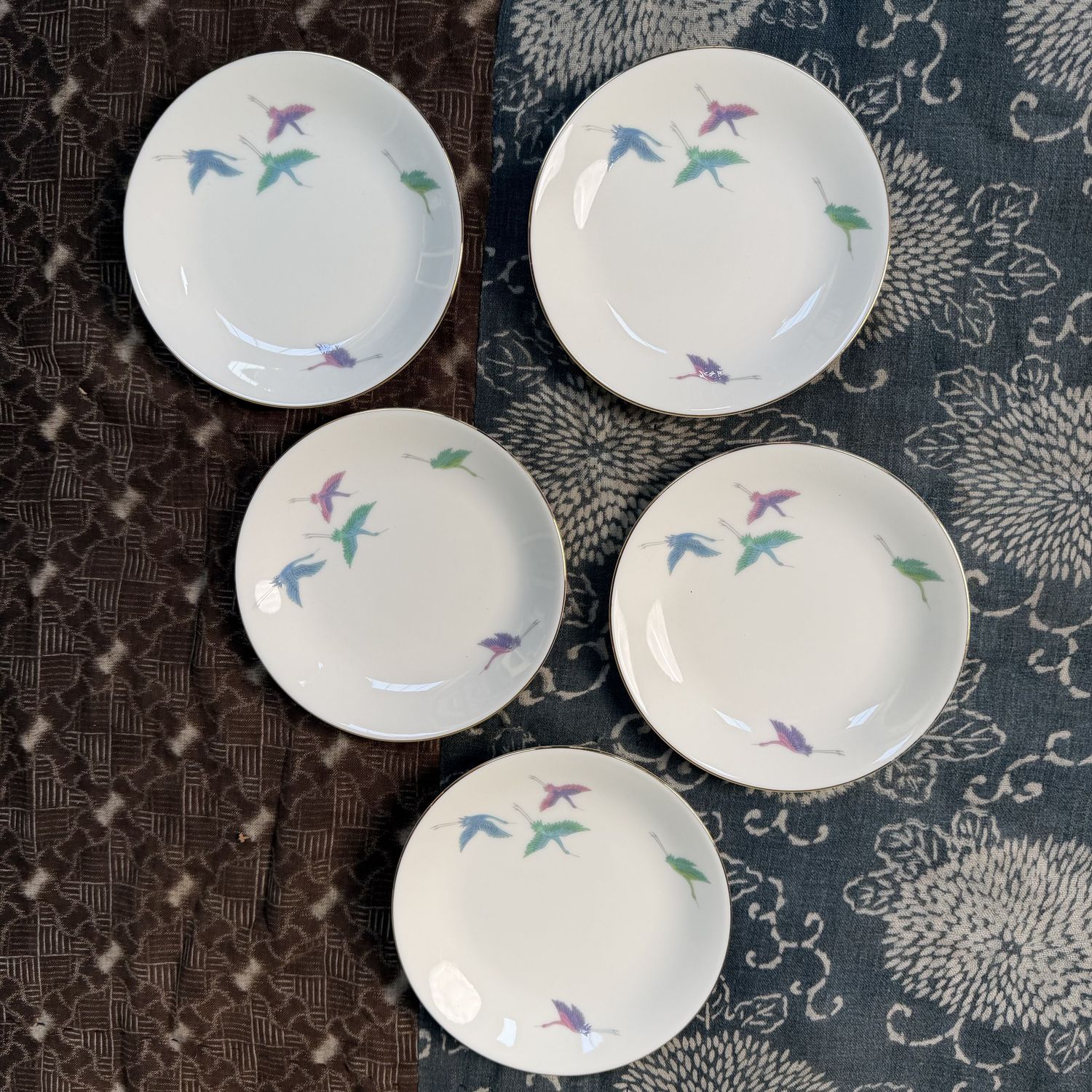 Japanse Set Bordjes 'Kraanvogel' Mino-porselei, Kuyama Kiln, 1960s