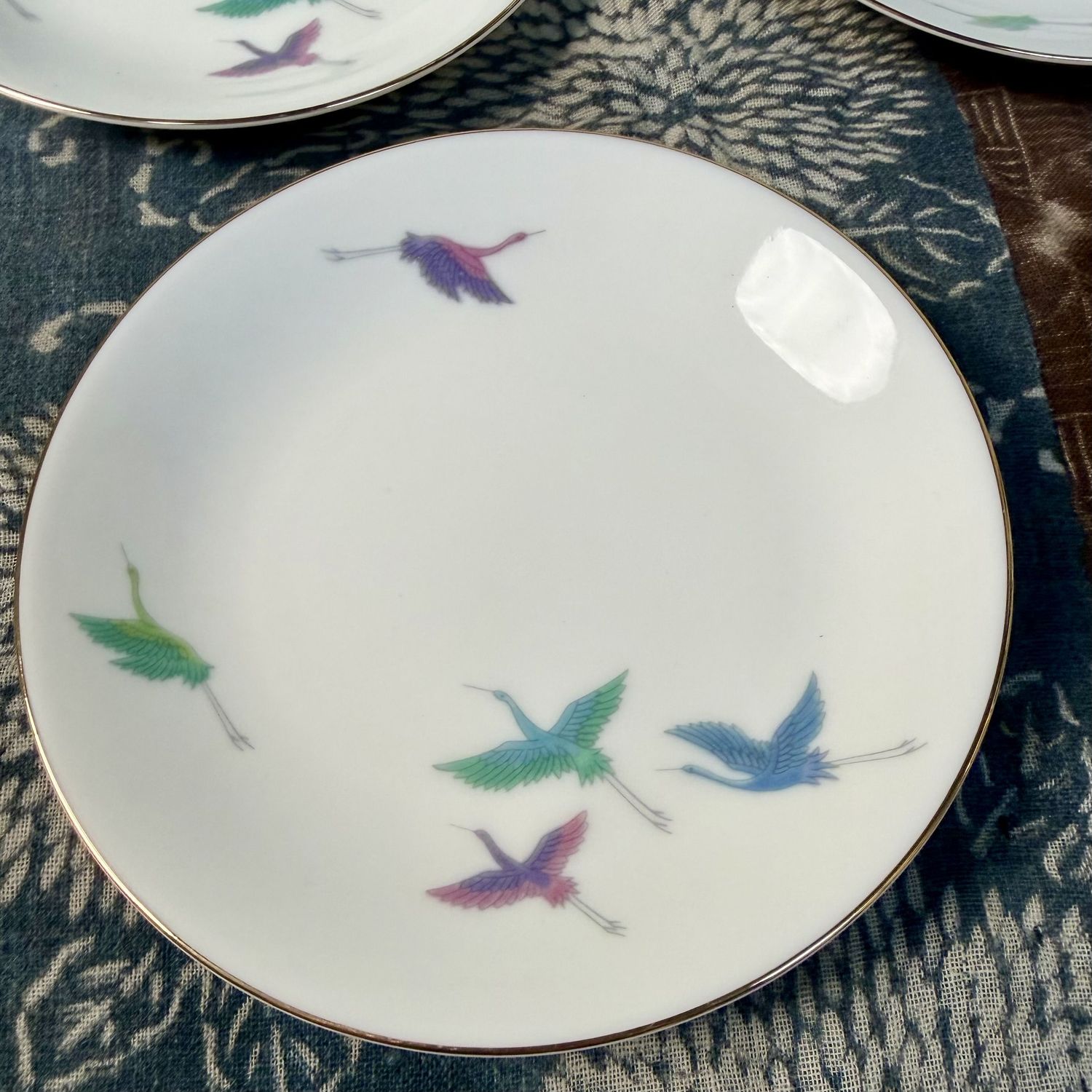 Japanse Set Bordjes 'Kraanvogel' Mino-porselei, Kuyama Kiln, 1960s