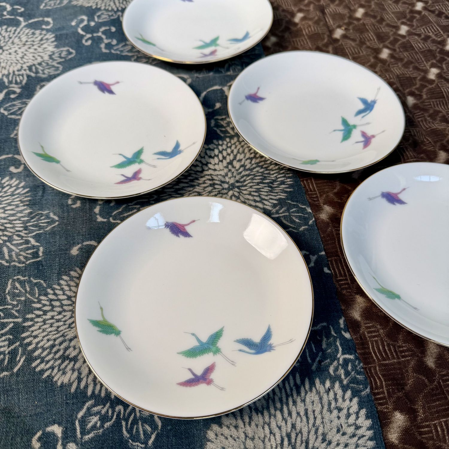 Japanse Set Bordjes 'Kraanvogel' Mino-porselei, Kuyama Kiln, 1960s