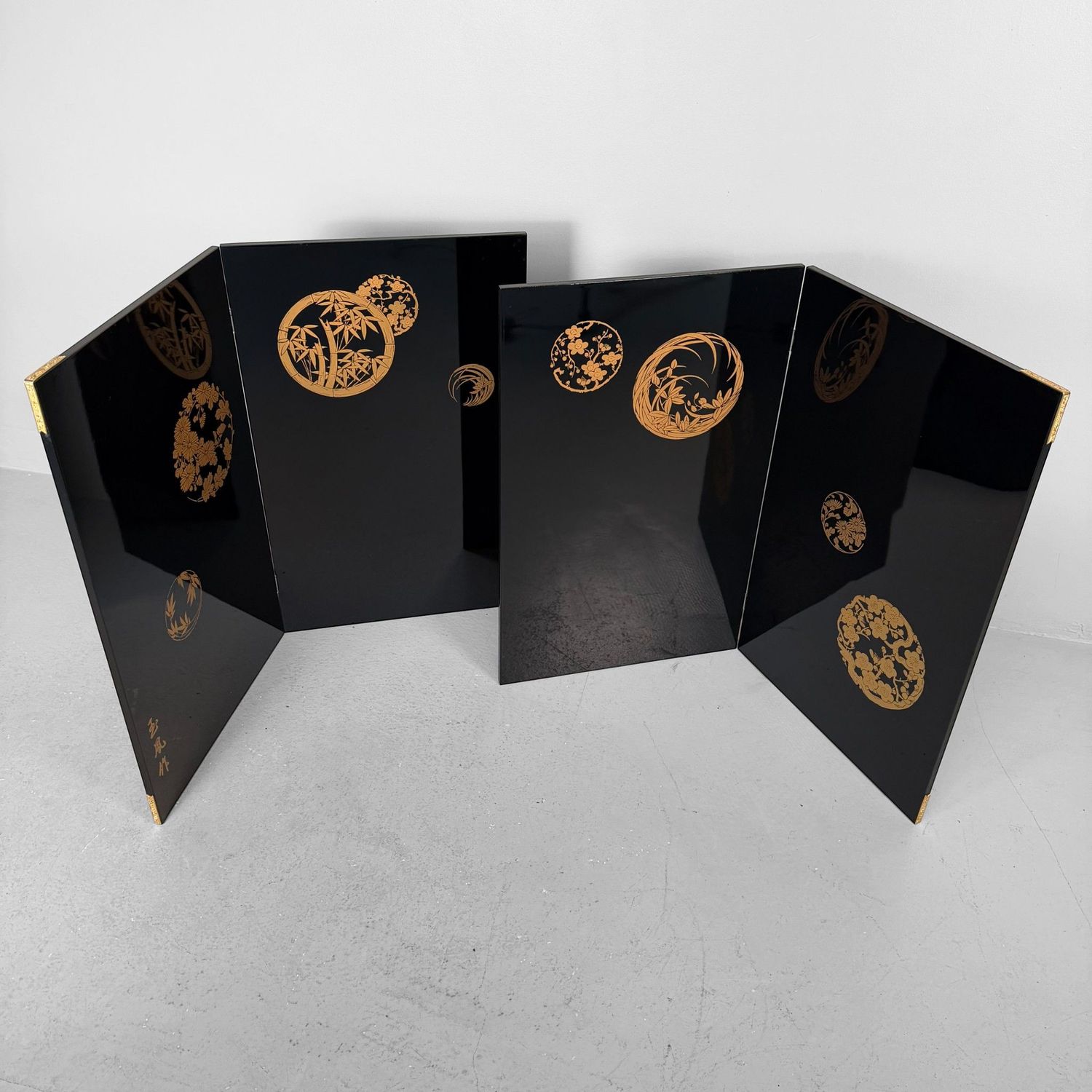 Black and Gold Japanese Folding Screens, Decorative Byōbu, 1970s