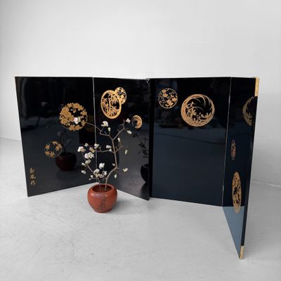 Black and Gold Japanese Folding Screens, Decorative Byōbu, 1970s