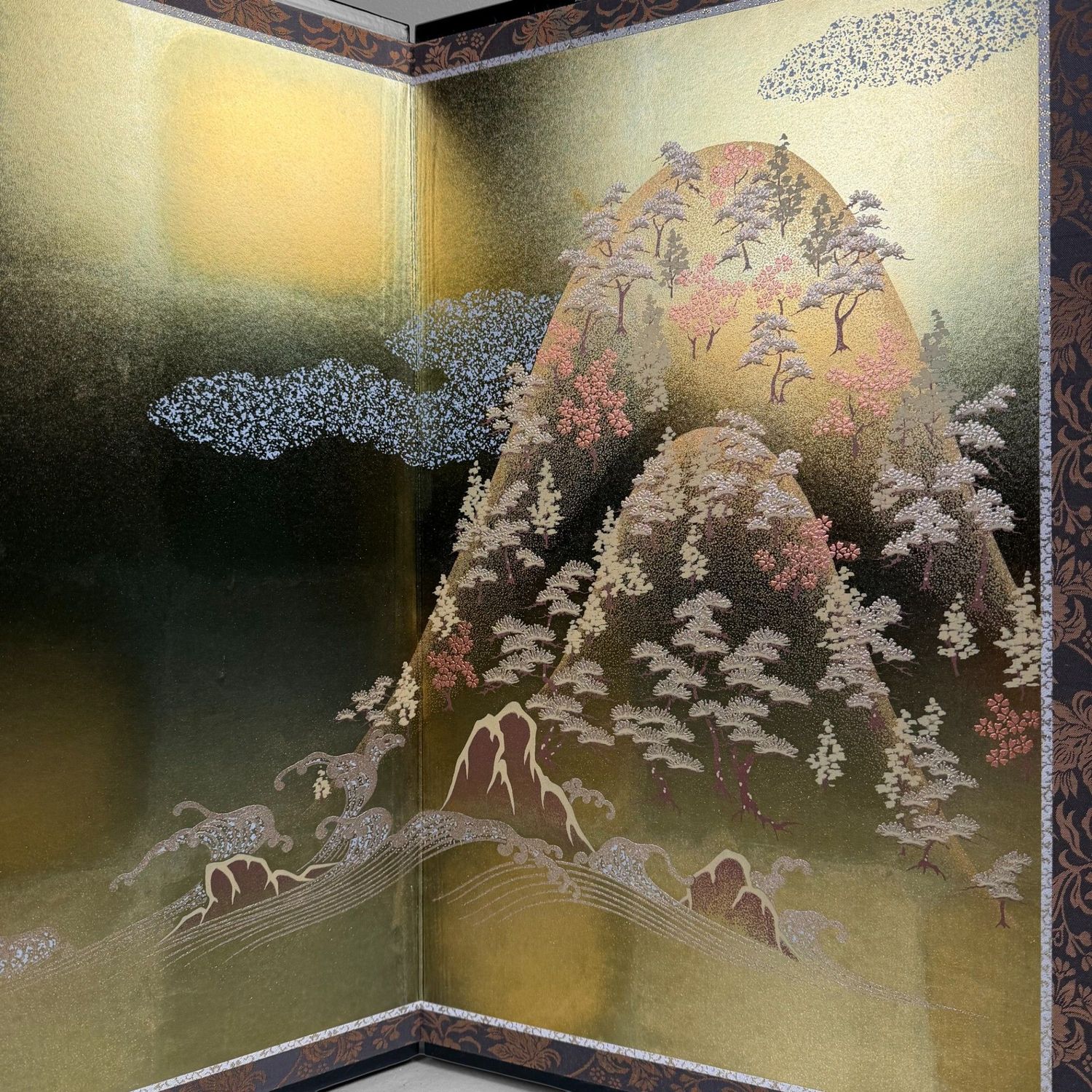 Japanese Byōbu Folding Screen, Gold Leaf Landscape, 1970s