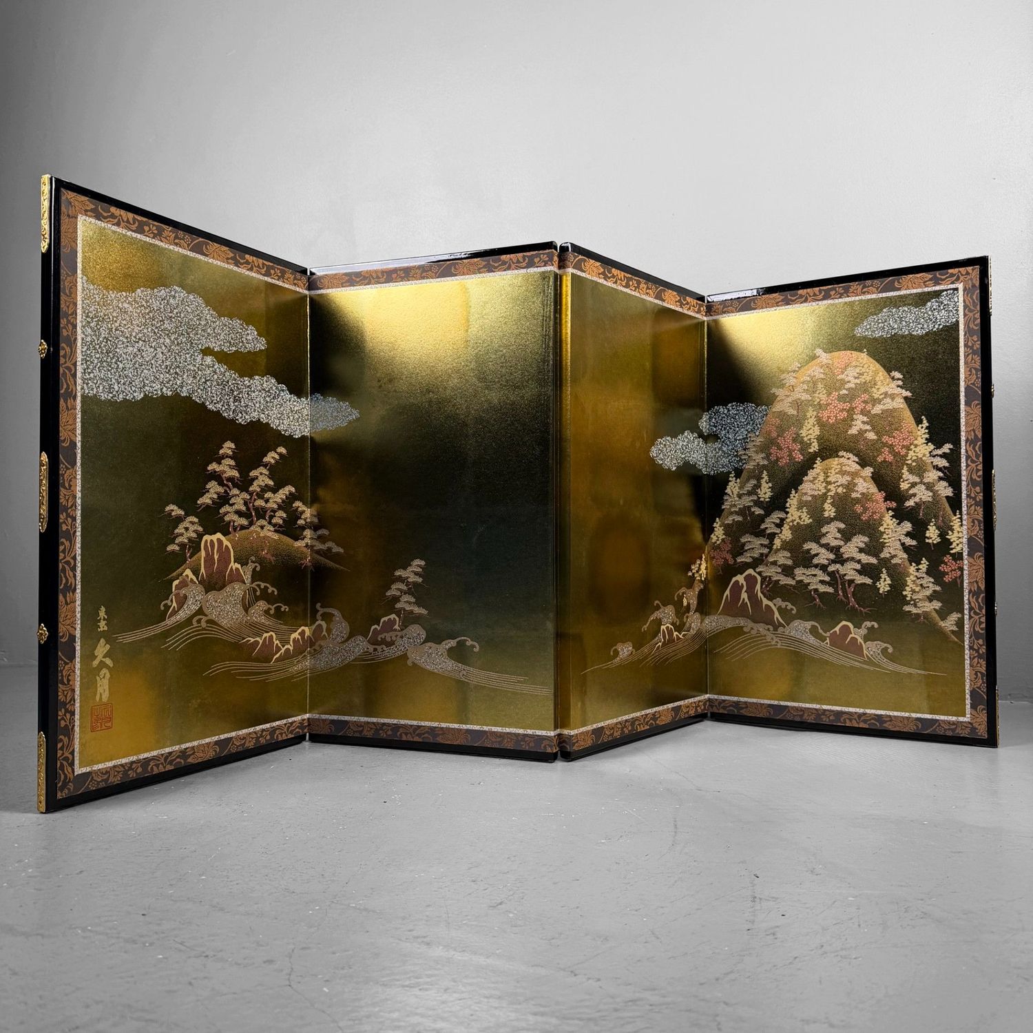 Japanese Byōbu Folding Screen, Gold Leaf Landscape, 1970s