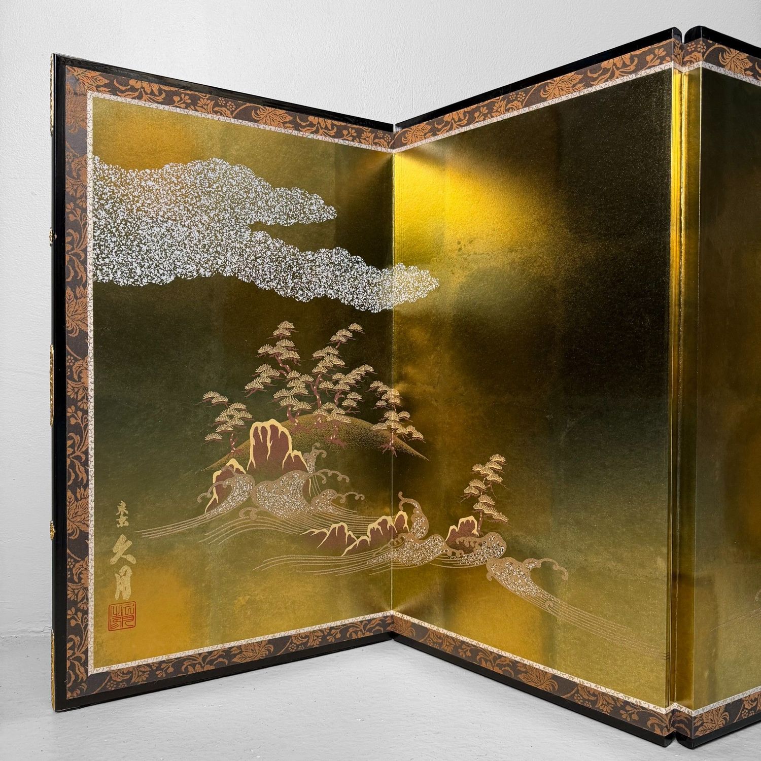 Japanese Byōbu Folding Screen, Gold Leaf Landscape, 1970s