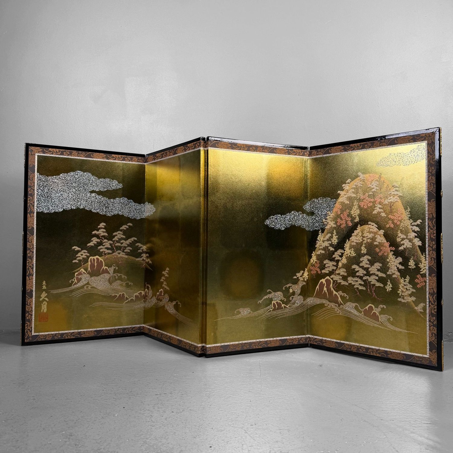 Japanese Byōbu Folding Screen, Gold Leaf Landscape, 1970s