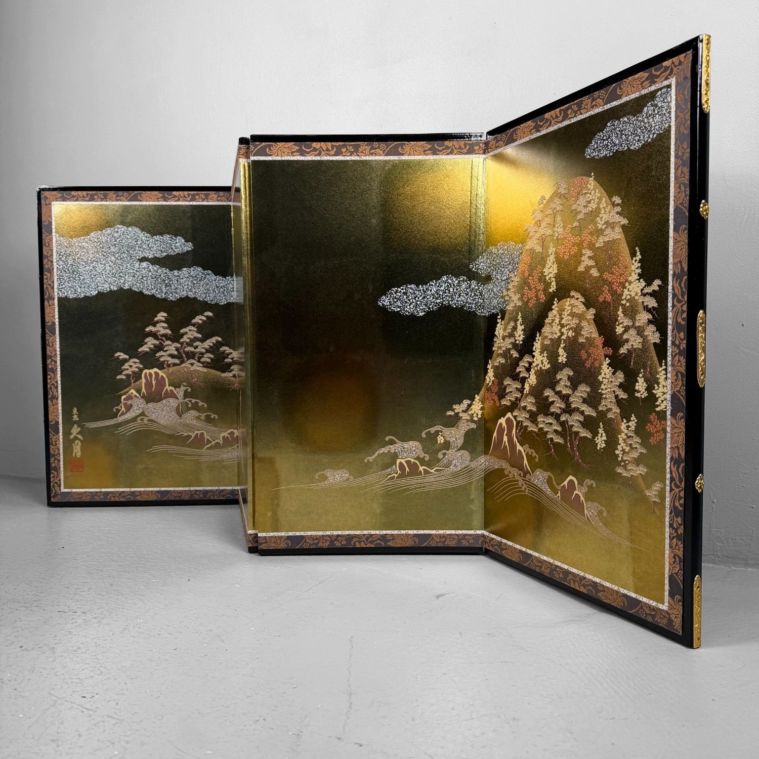Japanese Byōbu Folding Screen, Gold Leaf Landscape, 1970s